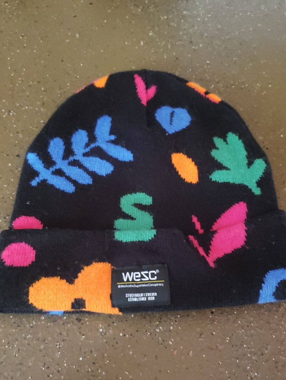 WESC Womens Black Beanie with Colorful Floral Knit